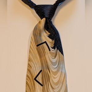 Alberto Zerra Silk Tie Gold Black Abstract Geometric Wave Hand Made Wide 4" VTG